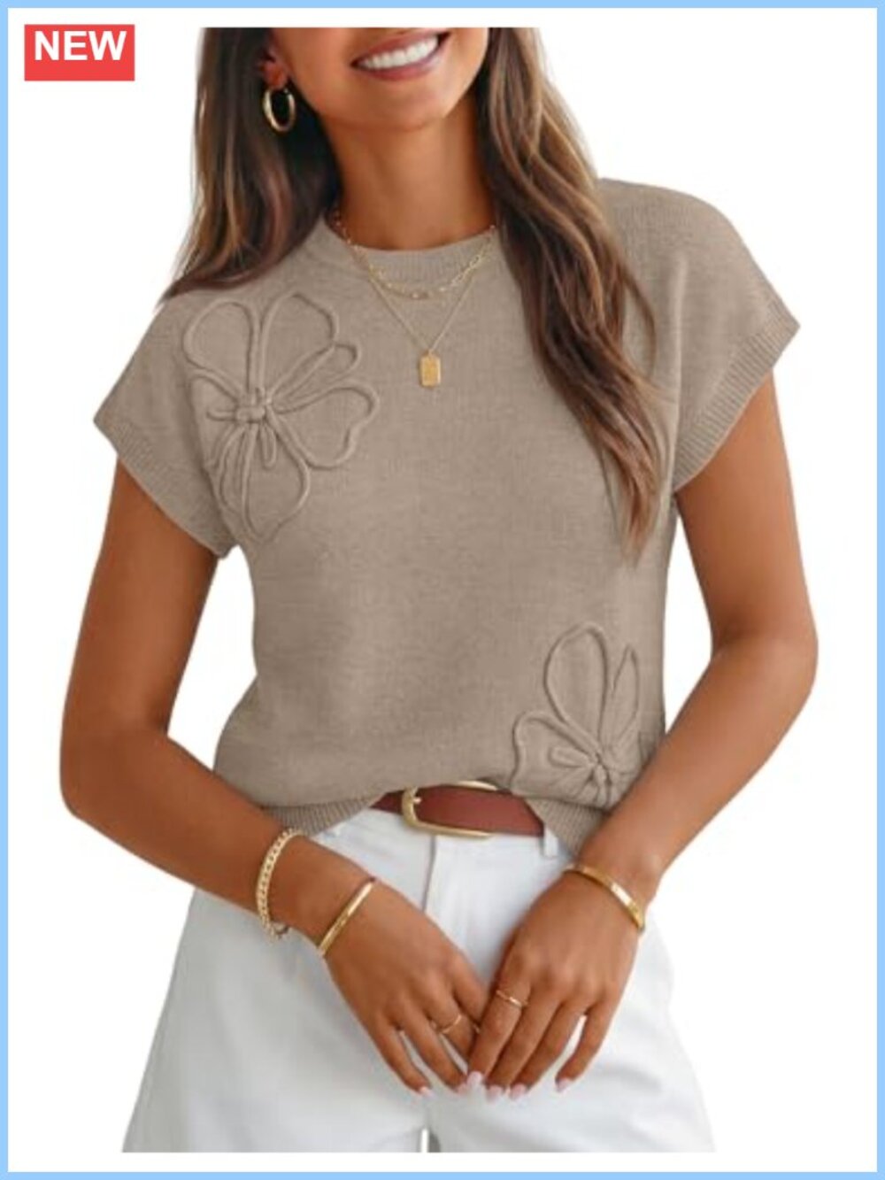 Women's 3D Floral Sweater Vest Short Sleeve Crew Neck Lightweight Knit Top